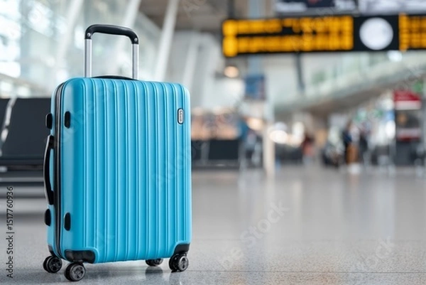 Obraz Blue suitcase in modern airport terminal with signboards in background