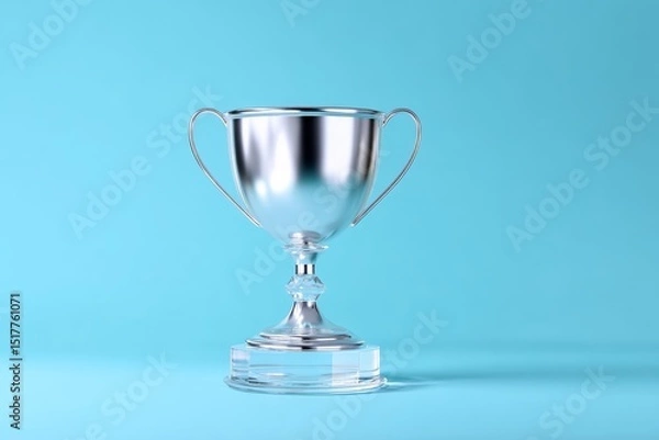 Obraz Elegant silver trophy on clear pedestal with blue background