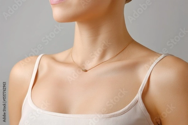 Obraz A Close-Up View of a Keloid Scar Located on the Chest, Beautifully Complemented by a Delicate Necklace, is Prominently Displayed Against a Soft, Neutral Background