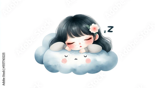 Fototapeta Dreamy Cloud Nap illustration perfect for nursery decor, children's bedroom art, lullaby apps, or bedtime story visuals featuring a sweet sleeping figure on fluffy cloud in adorable kawaii style with 