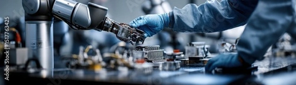Fototapeta Industrial cobot handing component to technician