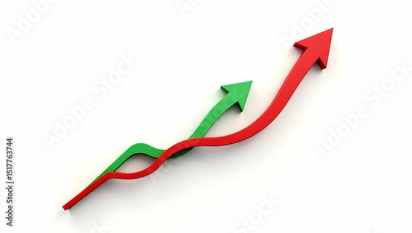 Fototapeta Dynamic Growth: A visual representation of progress and achievement, showcasing a vibrant, red arrow ascending above a green arrow.