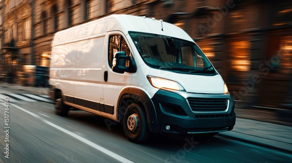 Obraz Fast-moving white delivery van navigating through a bustling cit