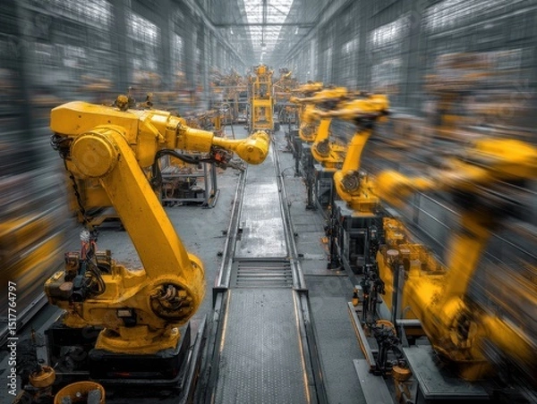 Fototapeta Factory floor timelapse composite of robots in motion