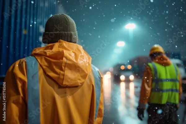Obraz Nighttime work scene with workers in orange jackets and snowfall