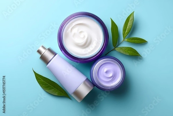 Obraz Skincare products with creams and leaves on light blue background