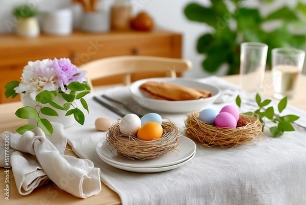 Fototapeta Colorful easter eggs in nests on elegant dining table with spring decor