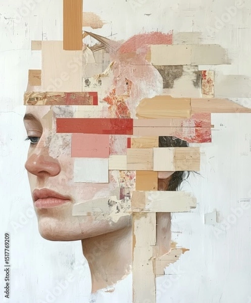 Fototapeta Surreal female portrait combining realism and abstract collage. Muted tones and wood textures blend with fragmented facial features, evoking introspection and digital deconstruction.