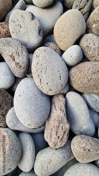 Fototapeta Madeira’s beaches are often covered in smooth pebbles made from igneous rocks like basalt and trachyte, shaped by erosion and wave action. These volcanic stones vary in color and texture, reflecting t