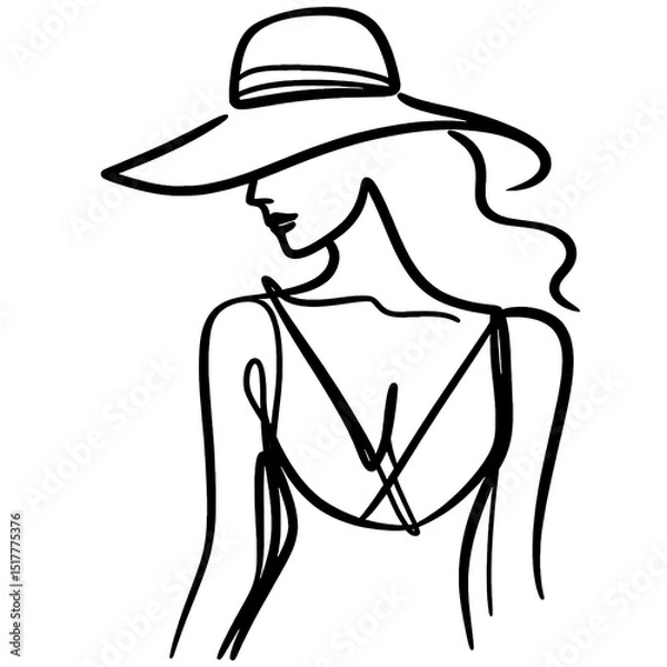 Fototapeta Beautiful woman  silhouette in a hat simple continuous one line drawing . Transparent background png file