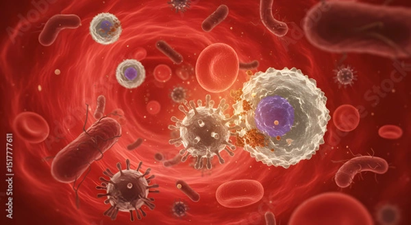 Obraz Microscopic View of Immune System Attacking Viruses and Bacteria in Bloodstream