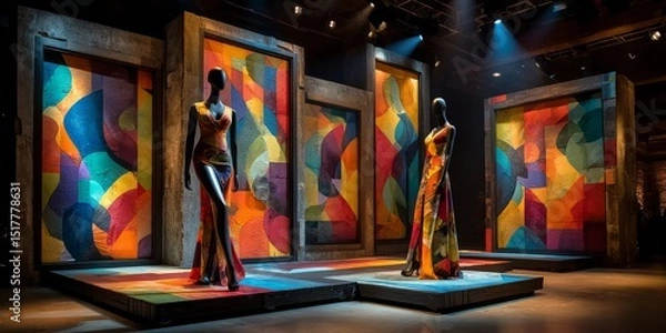 Fototapeta Mannequins in colorful designer dresses displayed against abstract multicolored art panels in fashion exhibition 