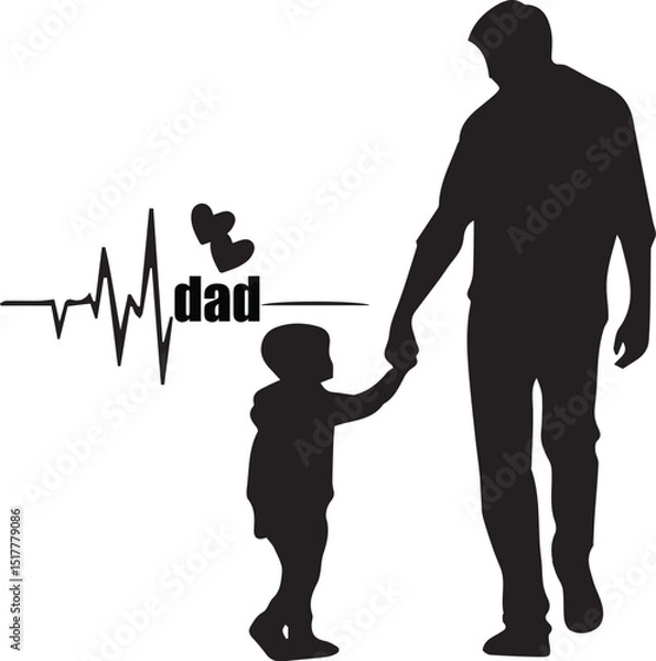 Fototapeta father and child silhouette with heartbeat line and "dad" text, symbolizing love, connection and family bond