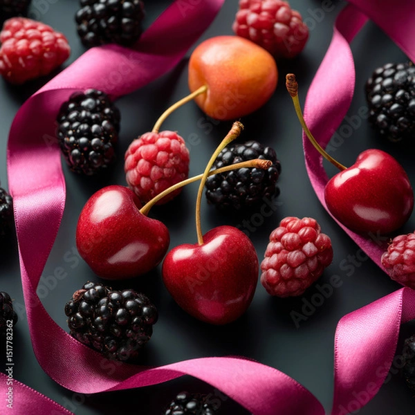 Fototapeta Overhead view of fresh berries and cherries with pink ribbon arranged in a vibrant artistic composition