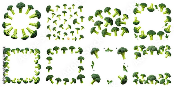 Obraz Creative arrangement of broccoli pieces in various circular and square patterns isolated on transparent background for culinary design purposes.