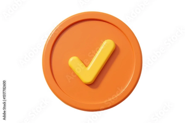 Fototapeta 3d check mark in circular badge style with plastic orange material, designed in cartoon minimalism, top down perspective with soft drop shadow.