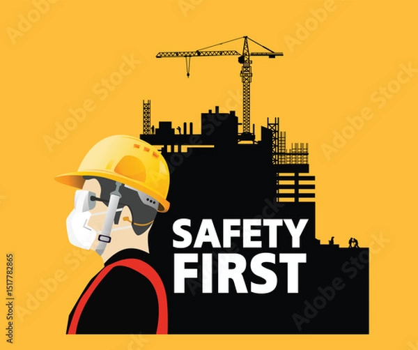 Fototapeta Construction Safety First Concept. Worker with PPE and Building Site Silhouette,Vector illustration