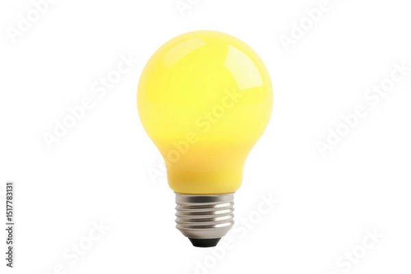 Fototapeta 3d plastic cartoon icon of a bright yellow light bulb with soft glow effect, smooth glossy surface, minimal shape, isolated on transparent white background with clipping path.