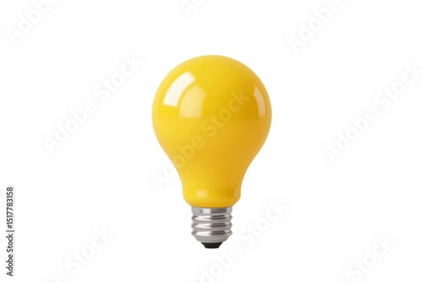 Fototapeta 3d plastic cartoon icon of a bright yellow light bulb with soft glow effect, smooth glossy surface, minimal shape, isolated on transparent white background with clipping path.