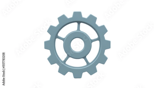 Fototapeta plastic style gear icon in steel grey blue with cartoon depth, circular cogwheel with 3d extrusion, front facing view, cleanly isolated on white transparent background.
