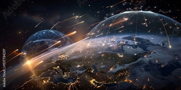 Fototapeta Planetary defense system protecting earth from asteroid impact