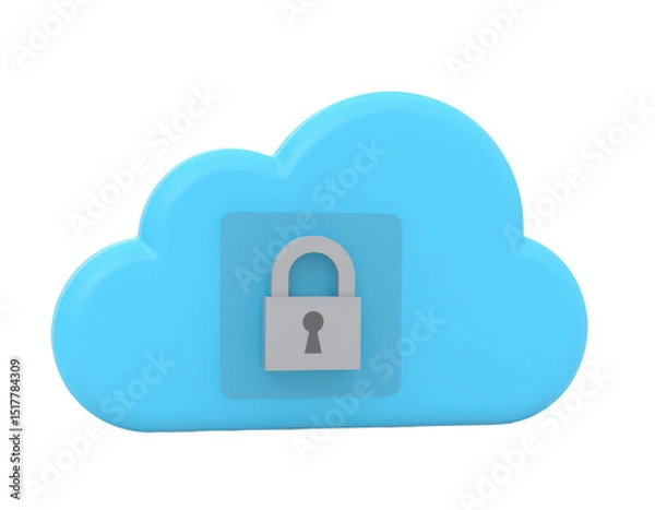 Fototapeta cloud storage icon with small padlock overlay in plastic style, soft 3d blue material, isolated for cyber security stock visuals.