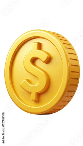 Fototapeta shiny cartoon coin icon with embossed dollar sign, rendered in metallic yellow plastic, ideal for finance apps, isolated with clipping path.
