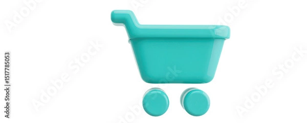 Fototapeta plastic shopping cart icon in glossy teal blue, simplified basket shape with rounded wheels, floating on white background, ideal for e commerce ui.