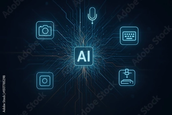 Obraz Multimodal AI technology showcasing interactions between visual, audio, and text data in a digital environment