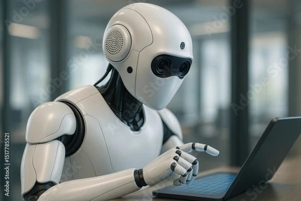 Fototapeta Multimodal AI robot engages with laptop in modern workspace focused on technology