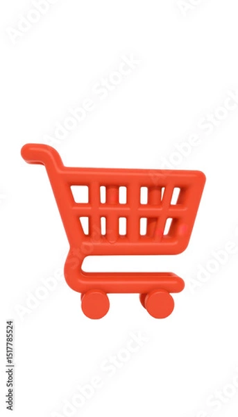 Fototapeta e commerce shopping cart icon in red orange plastic with 3d style, simplified handle and grid basket, floating look on white background.