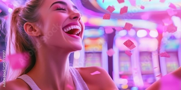 Fototapeta Joyful woman celebrating a win at slot machines with confetti flying around. Vibrant casino atmosphere with neon lights, excitement, and lucky moment captured in dynamic motion..