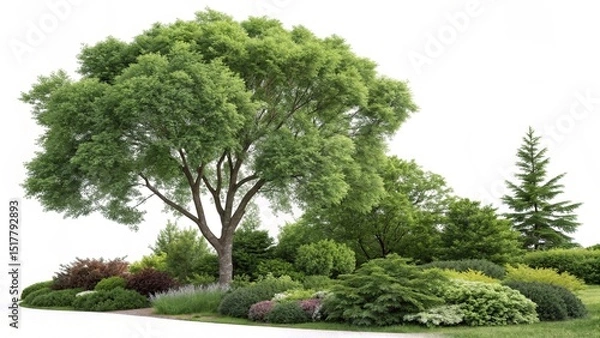 Fototapeta Variety of Trees and Shrubs in a Lush Garden Setting