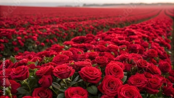 Fototapeta A Field of Deep Red Roses in Full Bloom