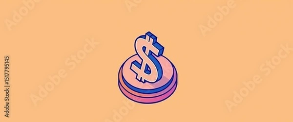 Fototapeta Isometric dollar coin icon; minimalist line art vector illustration for sticker, print, web,  money,  print