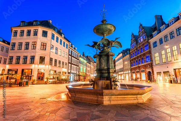 Fototapeta Copenhagen, Denmark: Stork Fountain in Stroget shopping district on Amagertorv, Amager Square,  the longest pedestrian street in the world