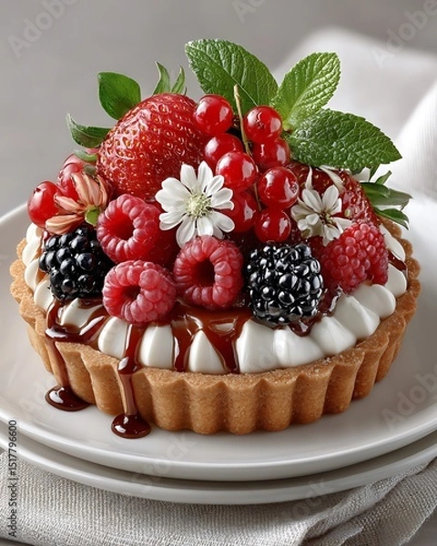 Fototapeta Berry cream tart with crunchy biscuit crust high resolution picture