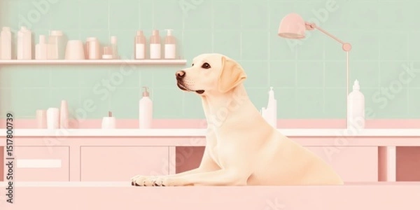 Fototapeta Stylized illustration of a Labrador dog sitting calmly on a grooming salon table. Minimal pastel interior with beauty products and soft lighting creates a clean, modern pet care scene..
