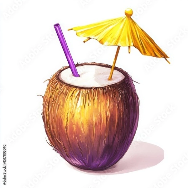 Obraz Coconut drink with straw and umbrella on a white background