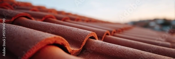 Fototapeta Closeup view of aged clay roof tiles arranged in a chaotic overlapping pattern on a weathered building
