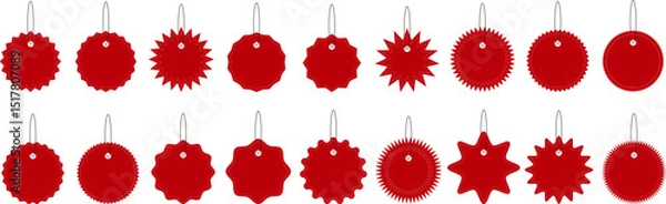 Fototapeta Red Hanging Price Tags. Vector set of blank red hanging promo labels in various shapes for discounts and pricing in retail and ecommerce. Vector EPS 10