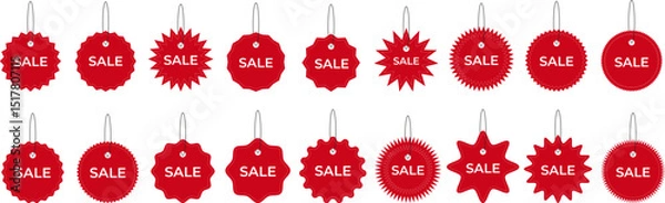 Fototapeta Red Hanging Tags with SALE Text. Starburst Label Set. Ideal for online shops, retail discounts, and ecommerce promotions. Vector EPS 10