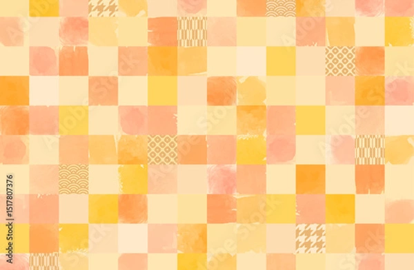 Obraz 暖色系水彩タイル背景ベクターイラスト 和風 和柄 秋