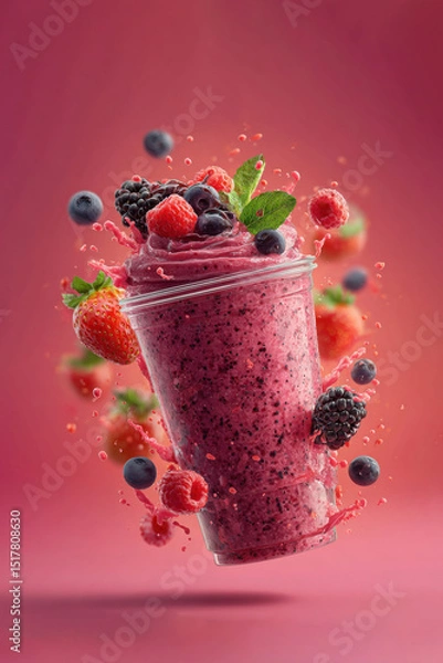 Obraz Mixed Berry Smoothie a rich blend of strawberries, blueberries, raspberries, and blackberries creating a deep reddish-purple color, Splashes of berry juice and smoothie droplets float in the air