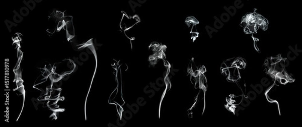 Obraz Smoke, mist or  Fog set isolated on black background. White cloudiness, mist or smog background. Collection of varied white smoke on a black background.