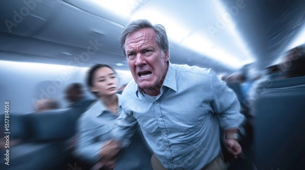 Fototapeta Stressed man rushing down airplane aisle, intense expression, chaotic atmosphere suggesting emergency or panic during flight. A troublemaker on board an airplane, motion blur, selective focus.
