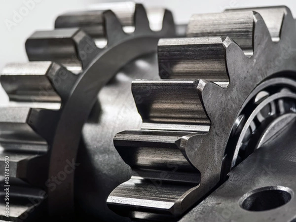 Fototapeta Close-up view of metal gears in a mechanical assembly showcasing precision engineering and design in a workshop environment