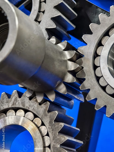 Obraz Close-up view of metal gears in a mechanical assembly showcasing precision engineering and design in a workshop environment