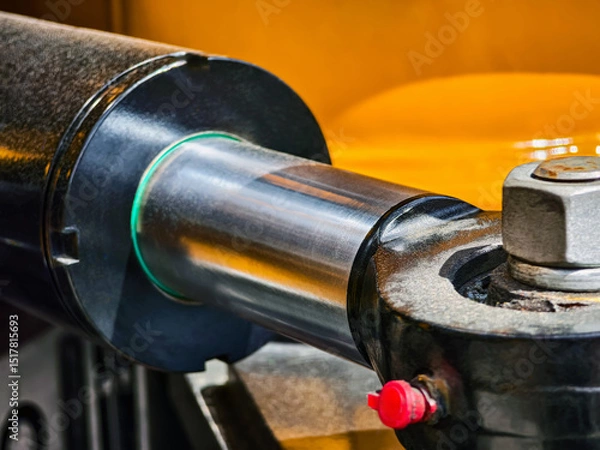 Obraz Close-up detail of hydraulic cylinder showcasing connection mechanism and working components in a workshop setting