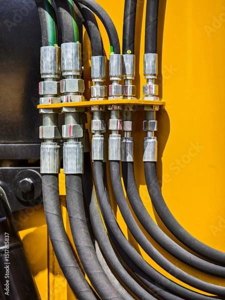 Obraz Detailed view of hydraulic hoses and connectors in heavy machinery at a construction site during daytime